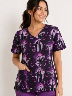 Disney Villains Maleficent Scrub Top Mock Wrap Purple Nurse Medical XL Est ⭐